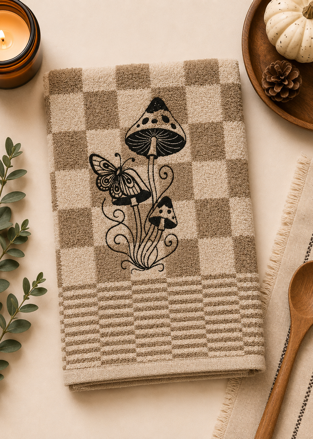 Moonlight Mushroom - Asciugamano da Cucina Bianco e Beige